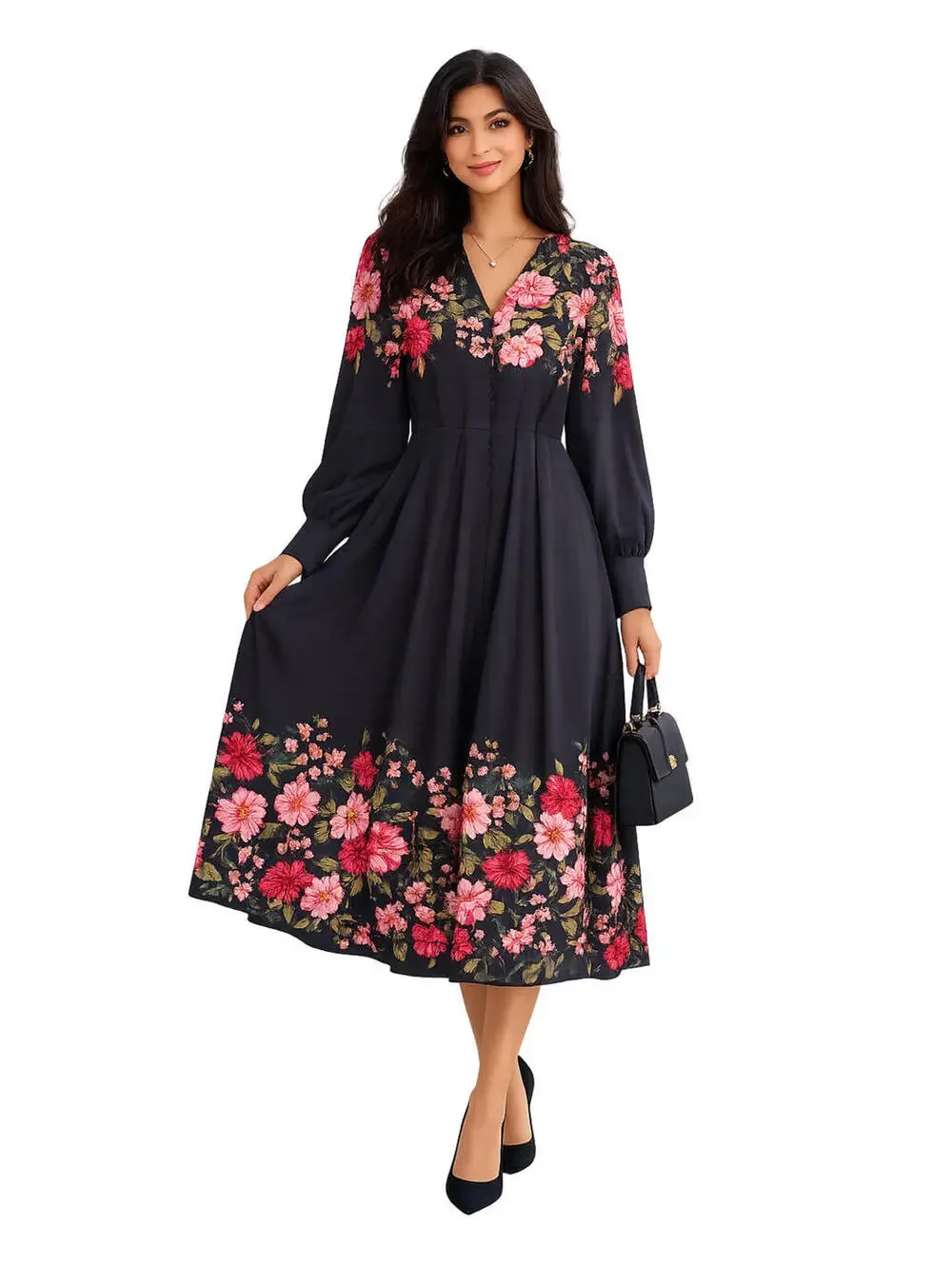 NWT Black Floral Dress Long Sleeve Button Front Romantic Cottagecore sz L Modest - Picture 2 of 6